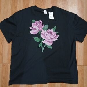 Black NWT Tee with Pink Rose Graphic, Large